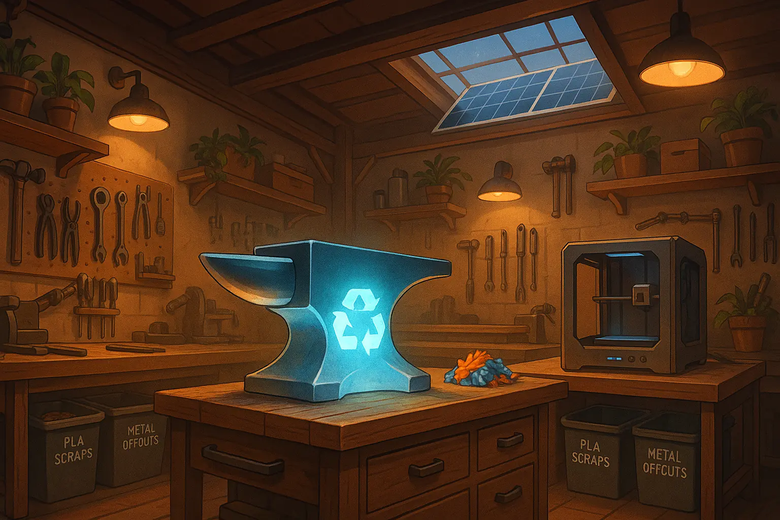 Glowing anvil in an eco-conscious maker's workshop, forging a sustainable future for every maker—our core mission.
