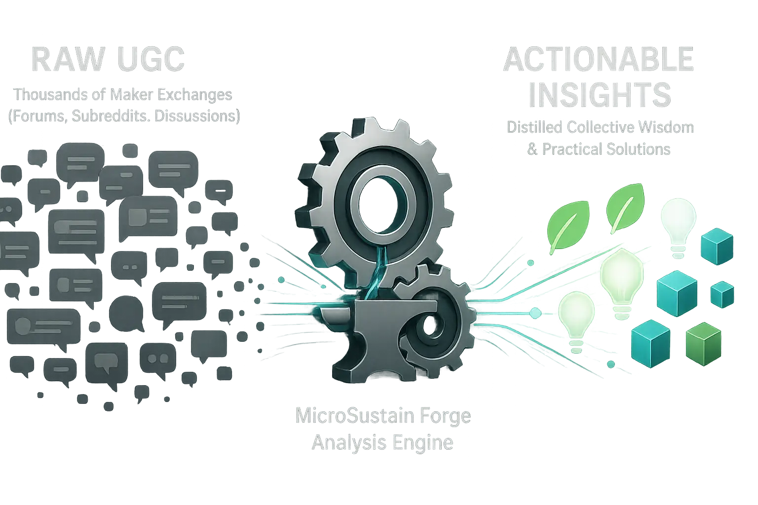 Infographic visualizing UGC analysis: Pipeline filters & forges chaotic community data into clear, structured insights.