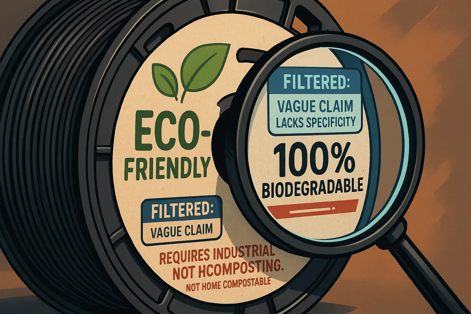 Stylized truth filter exposes misleading 'eco-friendly' claims on product labels, combating greenwashing.