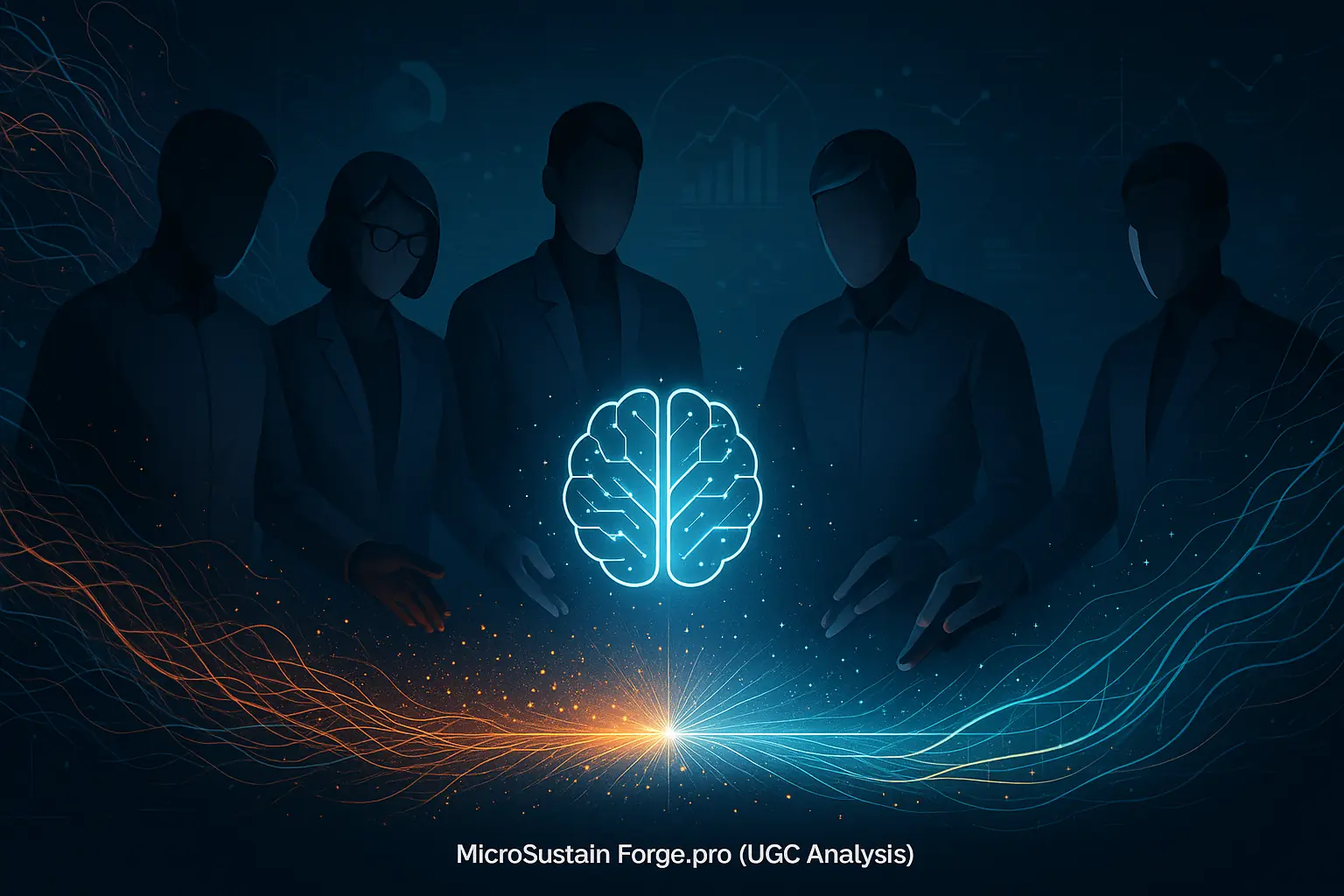Stylized analysts, data streams, charts, and glowing insight symbol illustrate MicroSustain Forge's collective analytical
