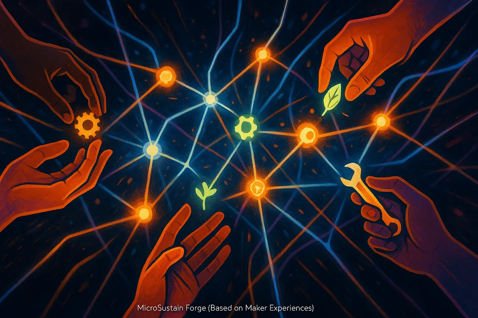 Digital art of a vibrant, interconnected network with hands reaching to collaborate, inviting users to join the Forge and