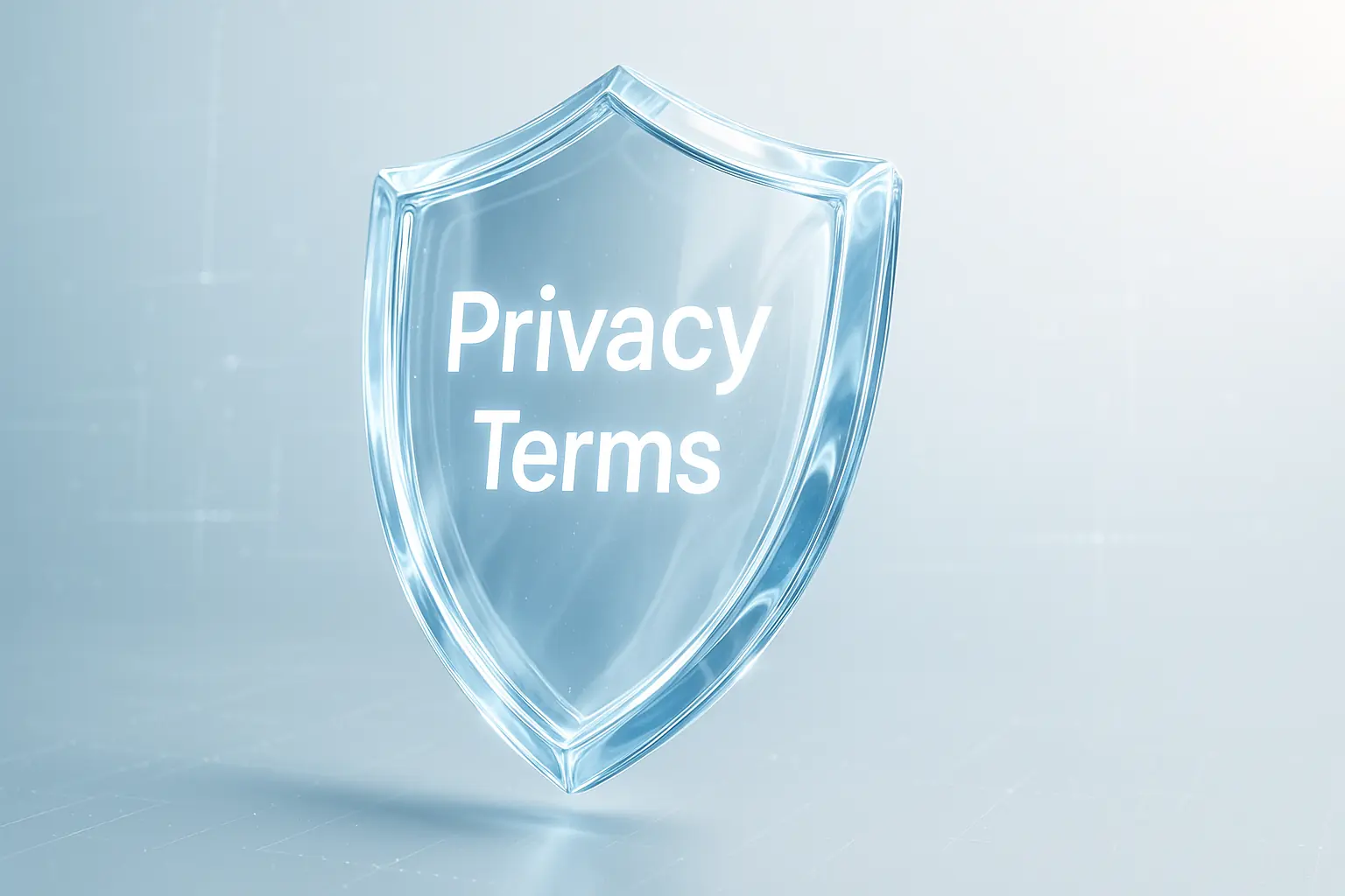 Stylized transparent shield shows subtle 'Privacy' & 'Terms' text, symbolizing clear, trustworthy policies.