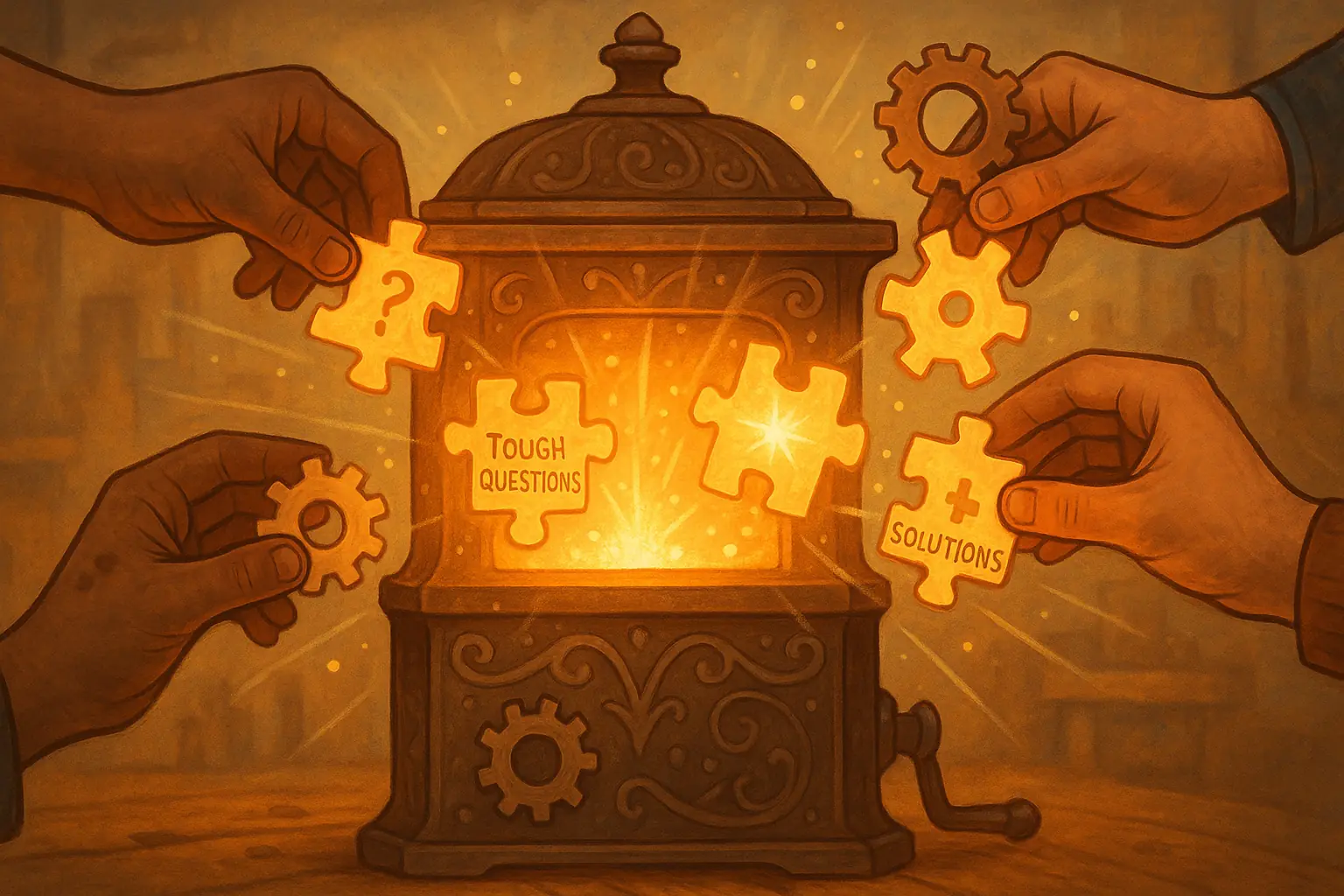 Collaborative hands add gears to a glowing forge, symbolizing shared eco-making knowledge & solutions in the Forge.