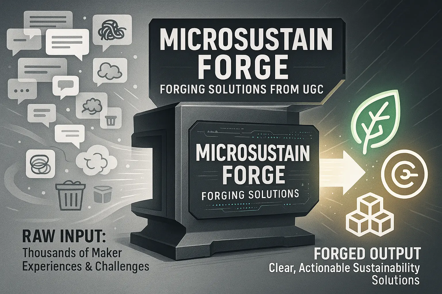 Infographic: 'MicroSustain Forge: Forging Solutions from UGC' shows messy UGC forged into glowing, actionable tools.