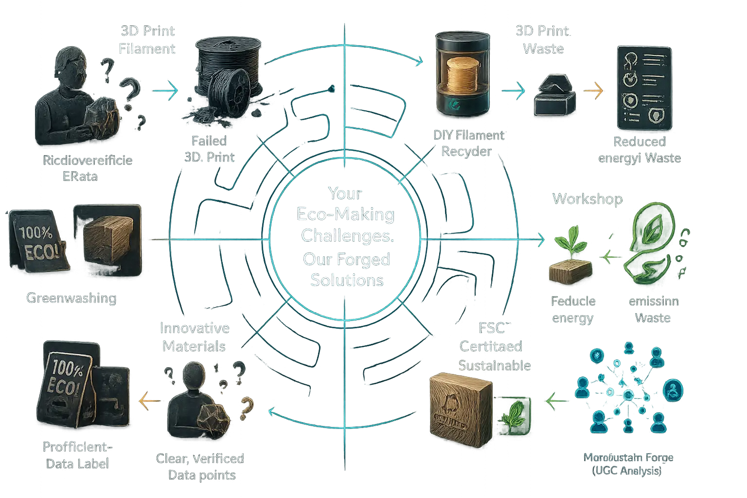 Infographic: 'Your Eco-Making Challenges, Our Forged Solutions.' Circular diagram linking 6 problem areas to specific fixes.