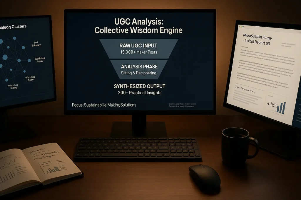 Modern, organized analyst desk: multiple screens with data graphs, notebook, coffee. MicroSustain Forge's insight creation