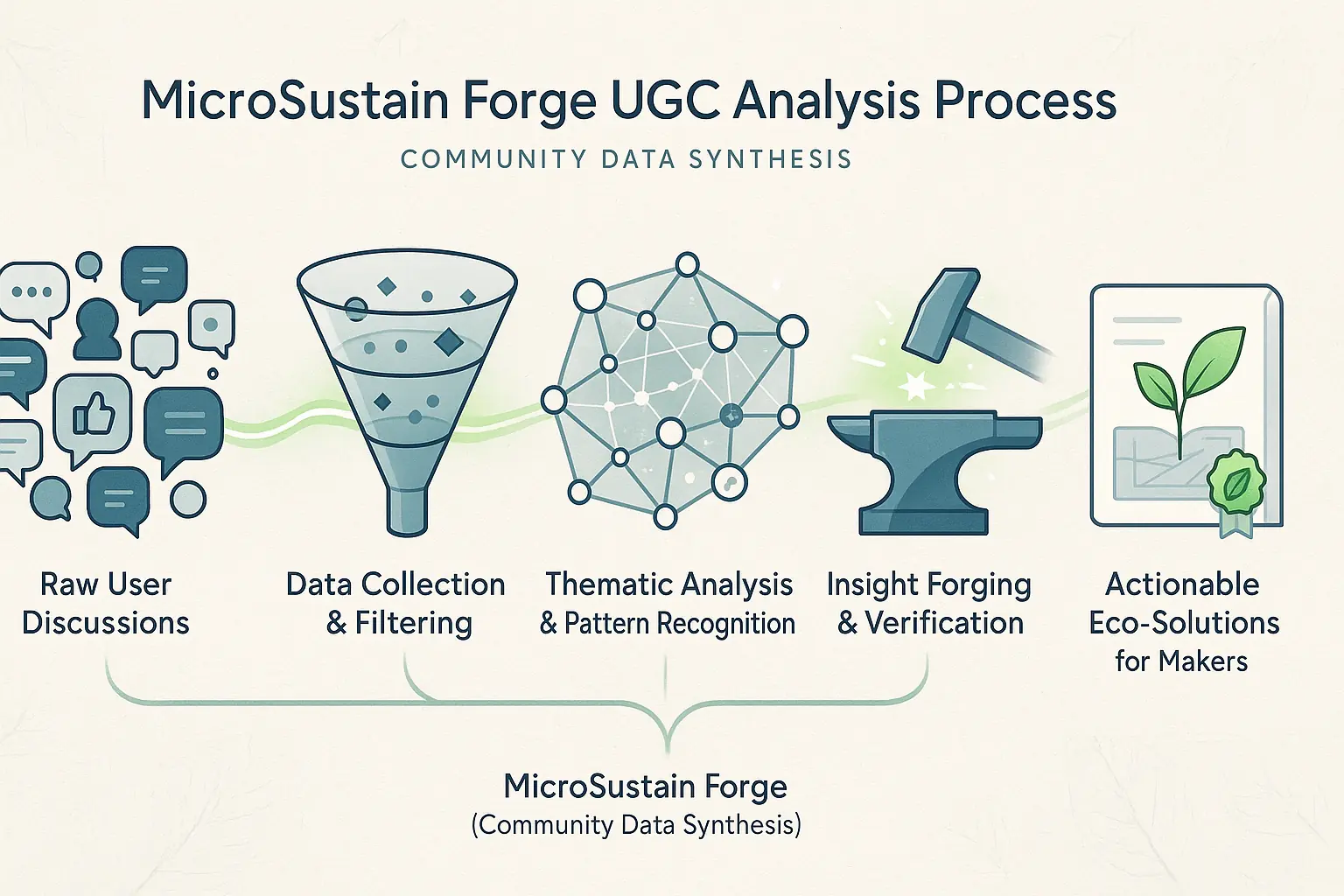 Flowchart of MicroSustain Forge's UGC analysis process, showing how raw user discussions become actionable eco-solutions.
