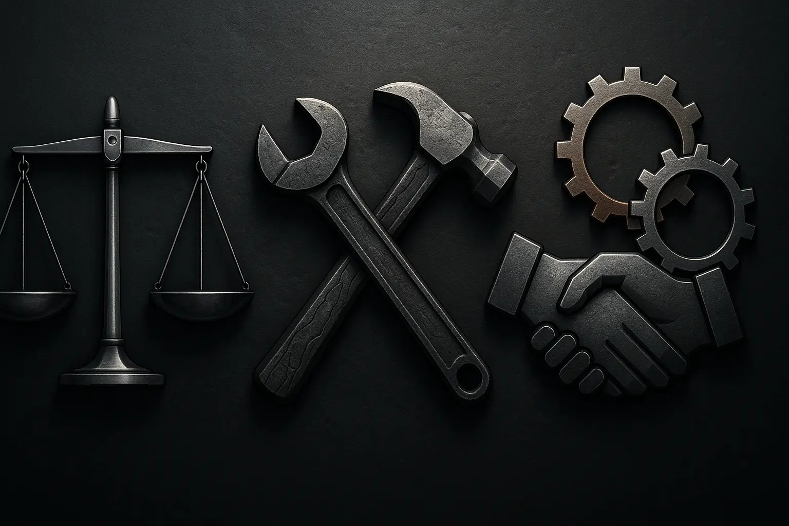 Scale, tools, & gears symbolizing core values forged with makers: objectivity, practicality, collaboration.