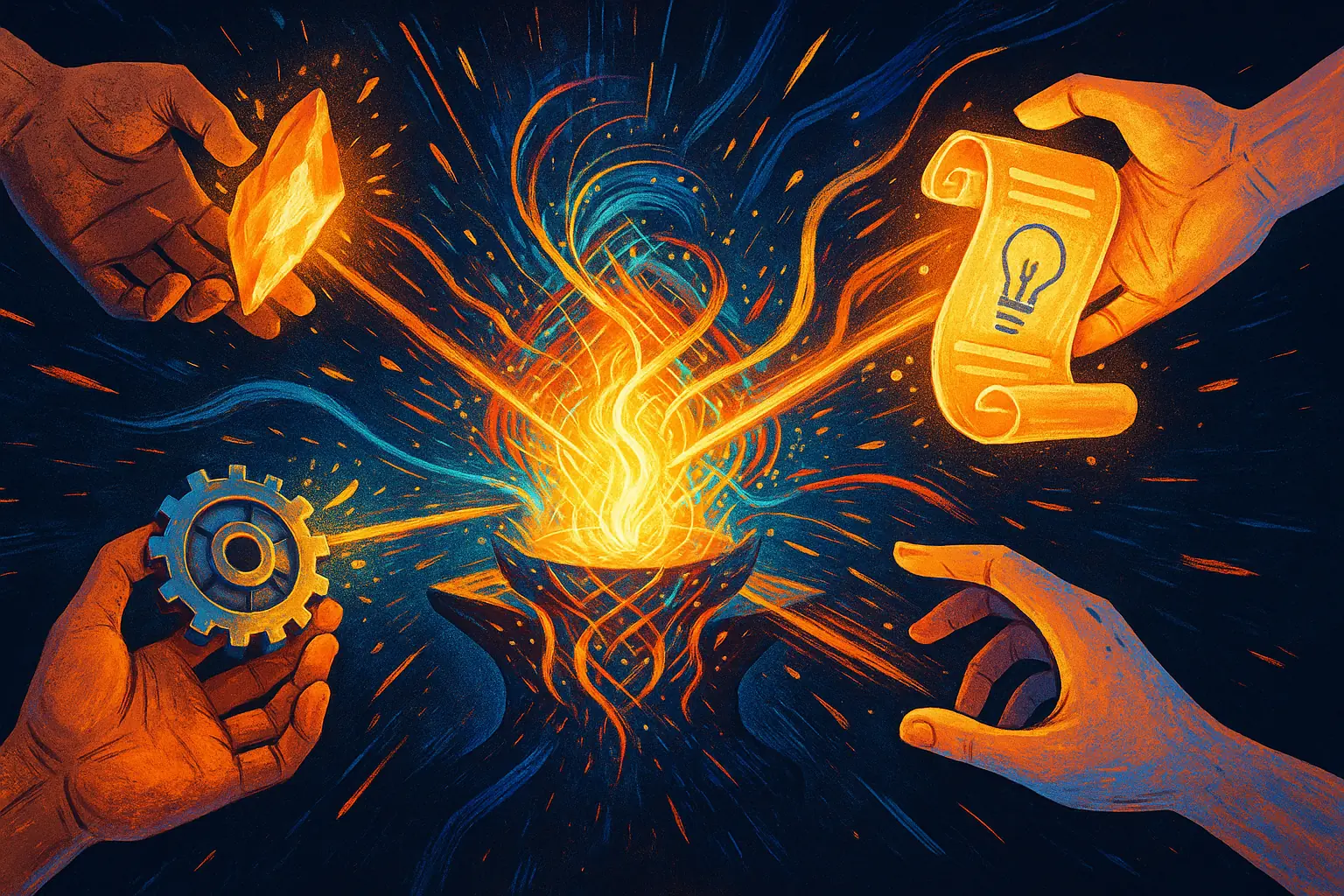 Collaborating diverse hands add puzzle pieces to a glowing forge, fueling our collective insights with your experience.