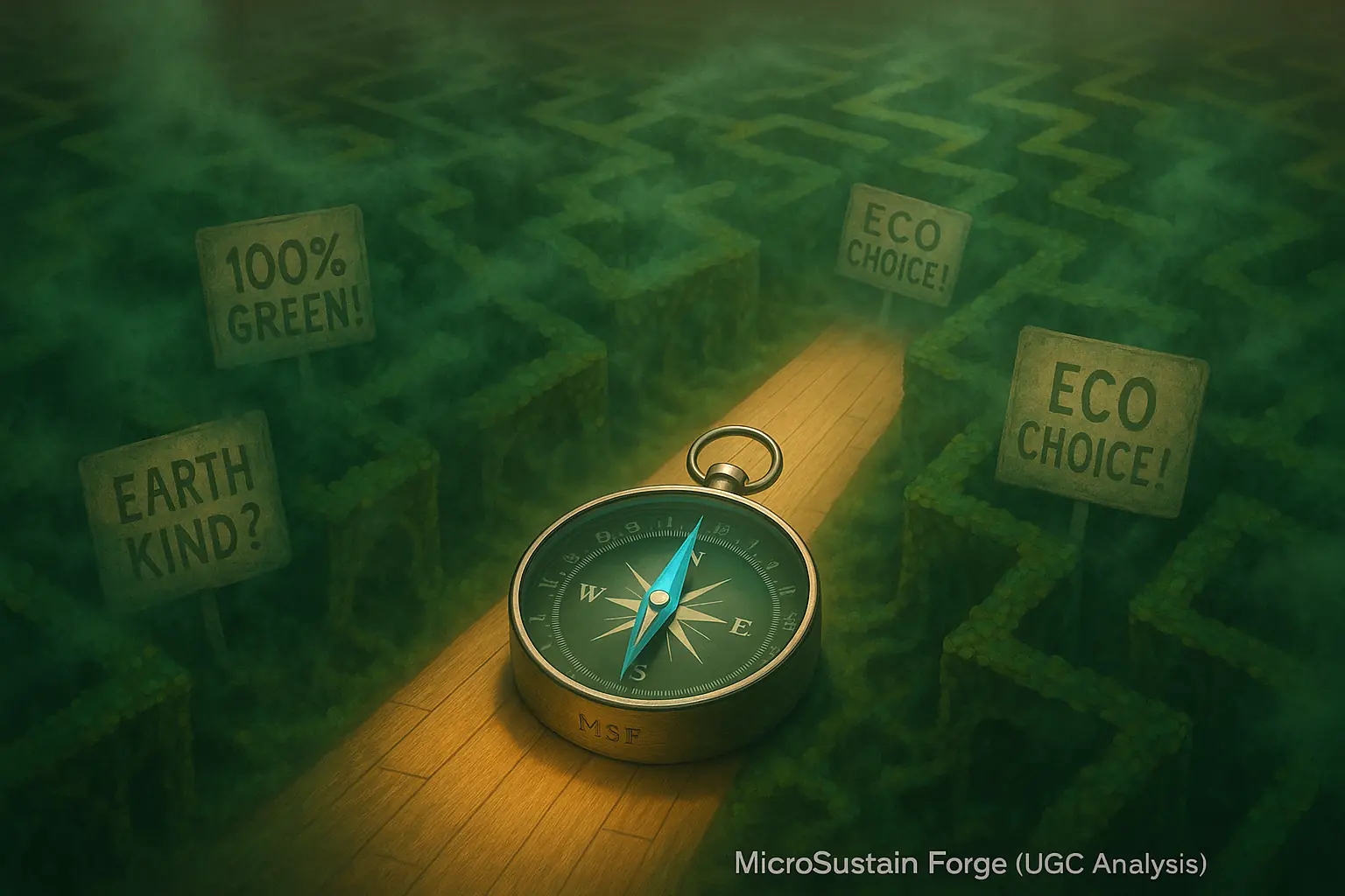 Infographic: Green maze of greenwashing. Clear path emerges, showing MicroSustain Forge's transparency cutting through the