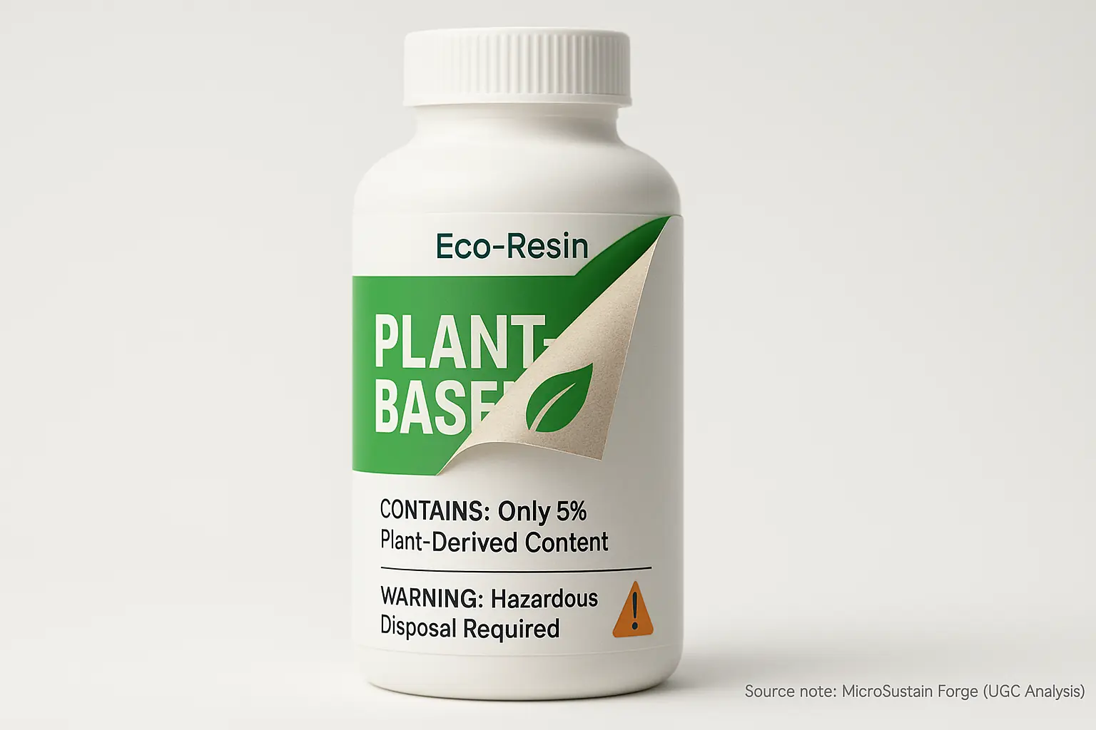 Infographic: Green product label peels, revealing unsustainable packaging, exposing common maker greenwashing tactics.