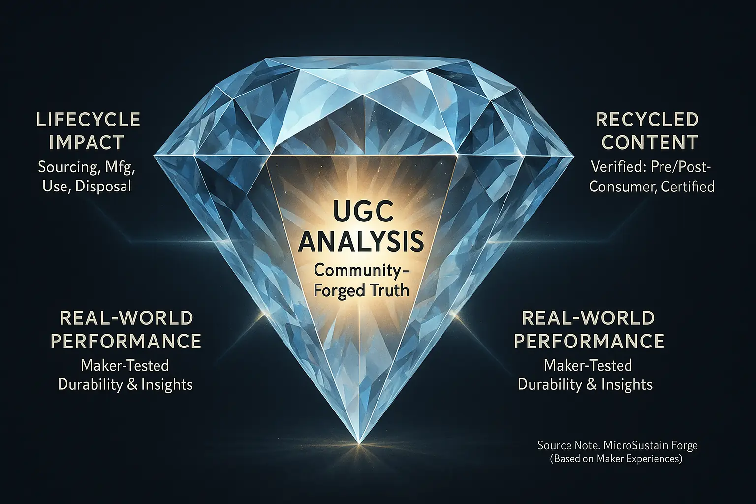 Infographic: MicroSustain Forge's sustainability evaluation criteria, a multi-faceted model centered on UGC Analysis.