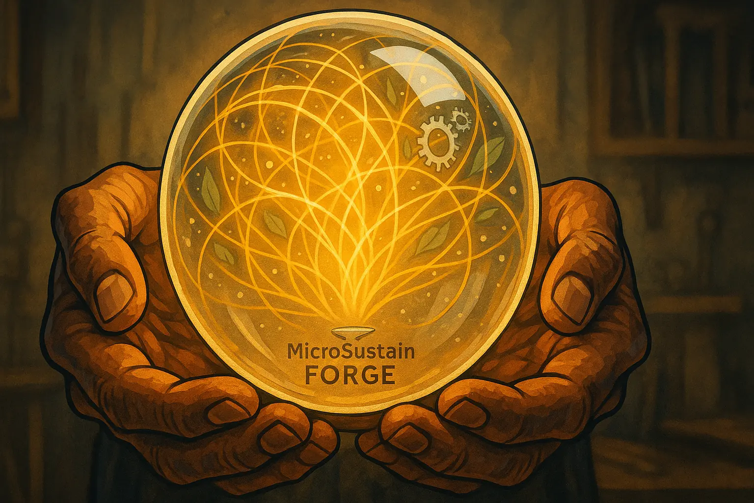 Maker's hands hold glowing knowledge sphere with MicroSustain Forge logo; our commitment to empowering you with clarity.