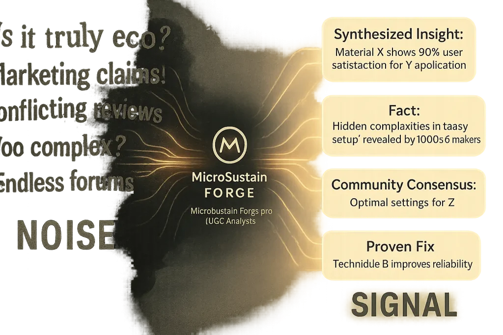 Chaotic online noise transforms into structured, actionable UGC insights, catalyzed by MicroSustain Forge logo.