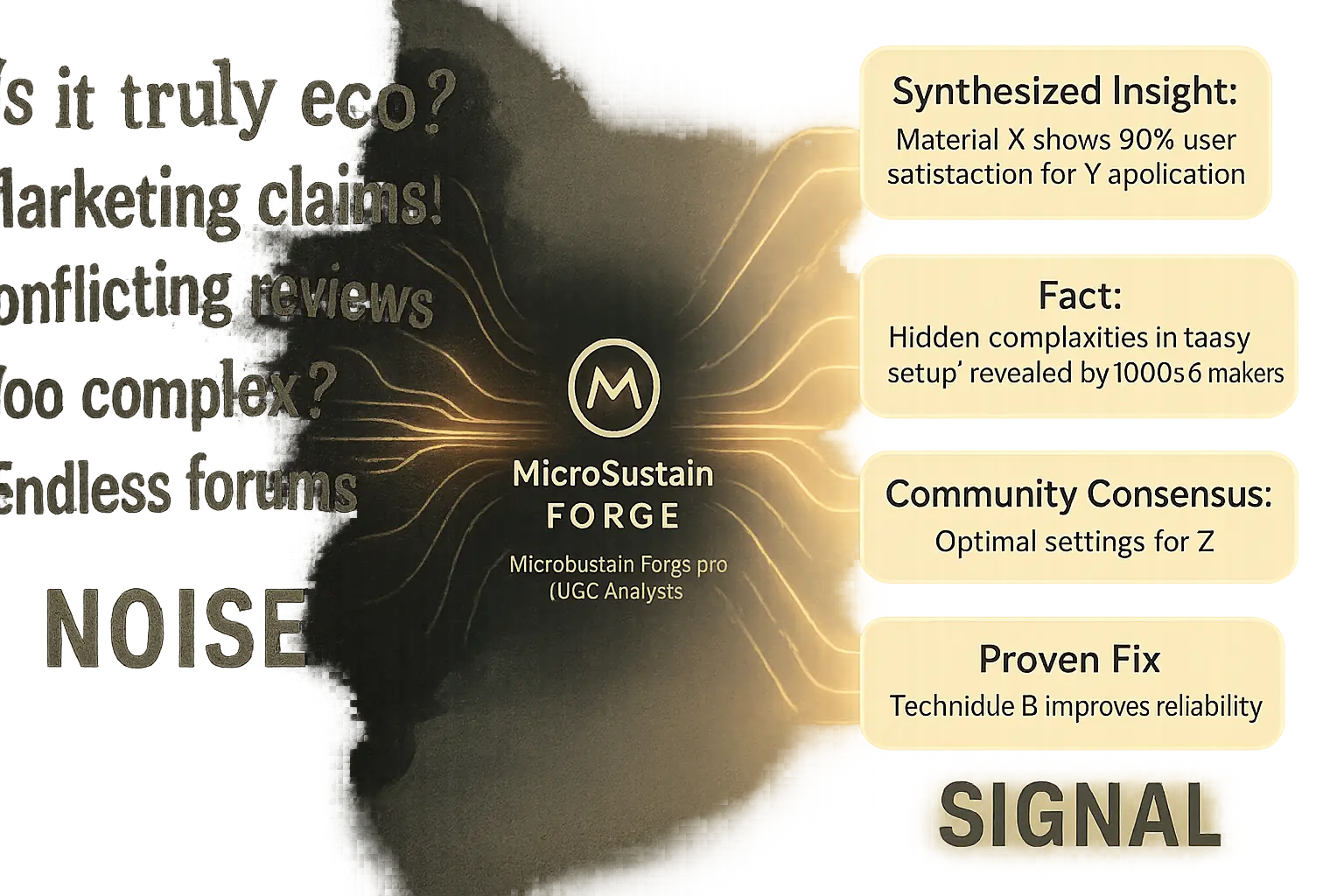 Chaotic online noise transforms into structured, actionable UGC insights, catalyzed by MicroSustain Forge logo.