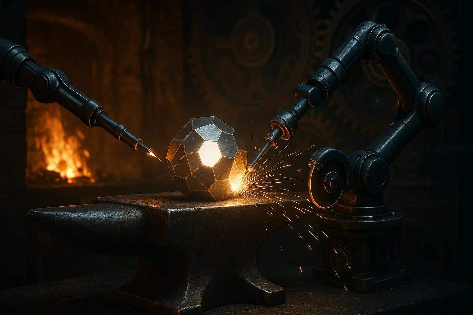 Stylized forge with glowing embers and turning gears, showing ongoing refinement and commitment to rigorous, evolving