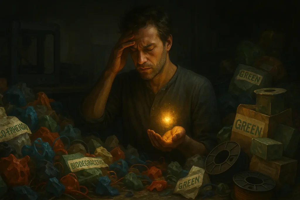 Frustrated maker surrounded by piles of plastic waste and baffling eco-labels, a tiny, hopeful idea ignites.