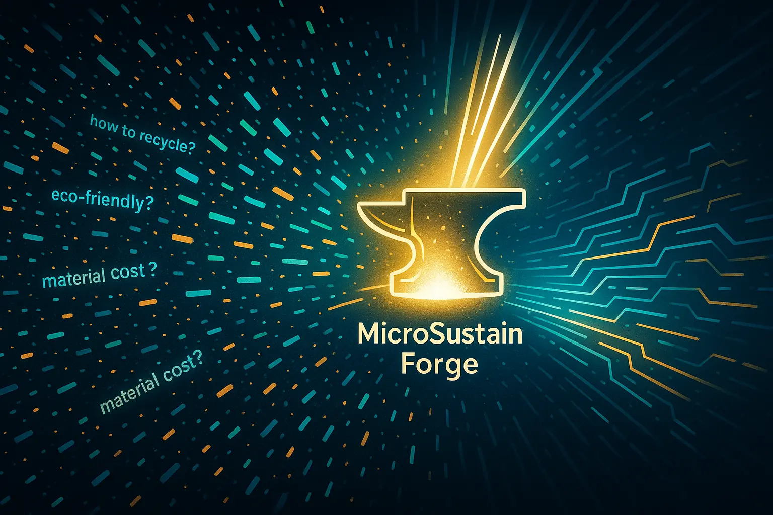 Scattered digital insights coalesce into structured insights around a stylized forge icon, depicting our genesis and focused