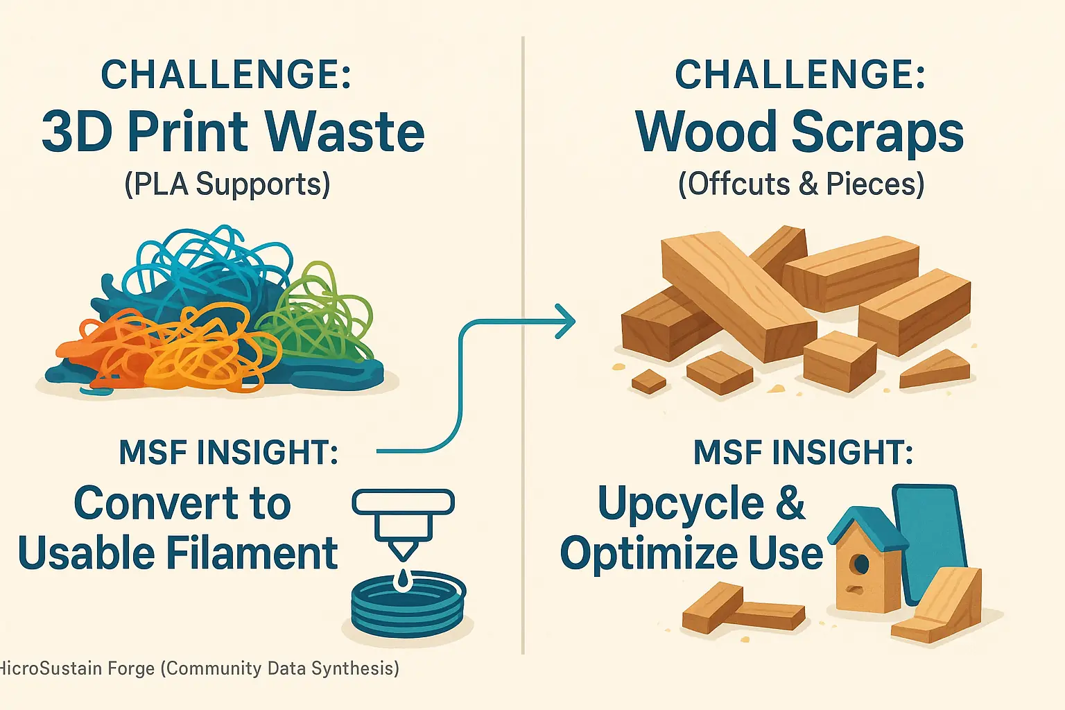 Infographic: Arrows link 3D print failures, wood scraps, resin drips to MicroSustain Forge's conceptual solutions.