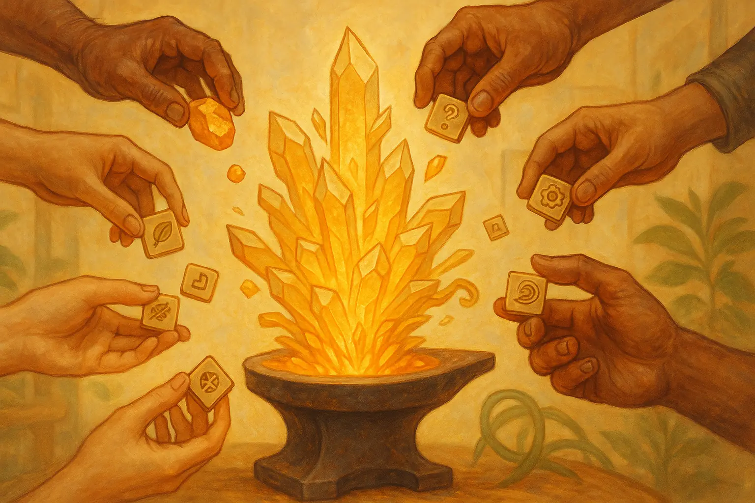 Diverse hands add pieces to a central forge, symbolizing community collaboration for a sustainable making future.