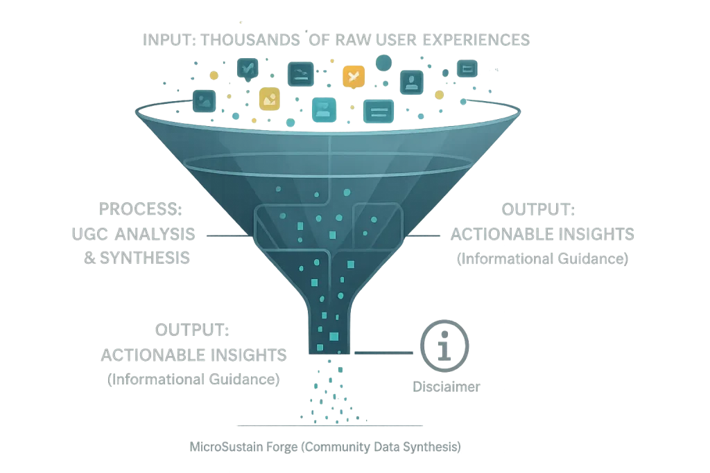 UGC Analysis Funnel infographic: raw data flows through stages to insights, ending with a small disclaimer icon.