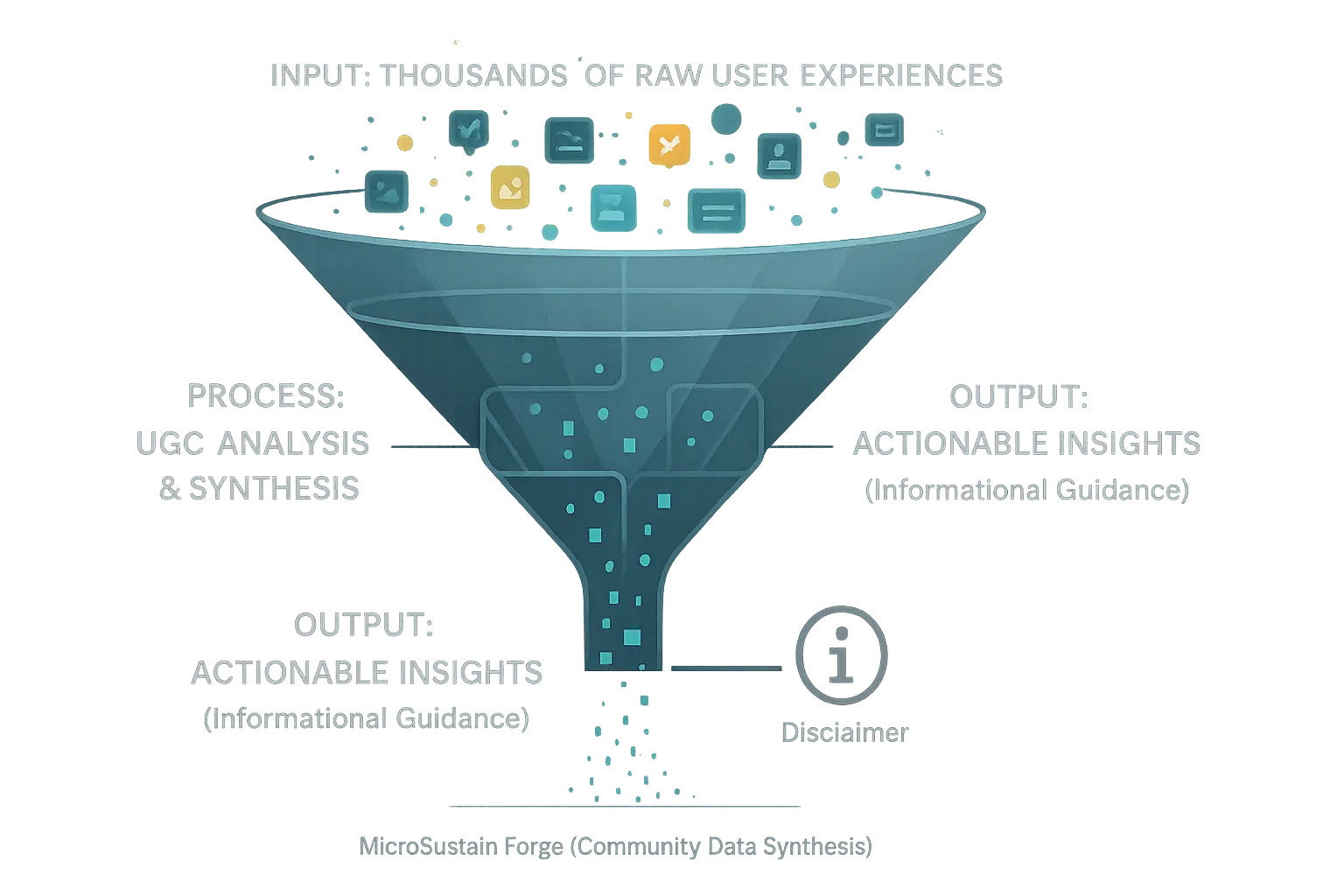 UGC Analysis Funnel infographic: raw data flows through stages to insights, ending with a small disclaimer icon.