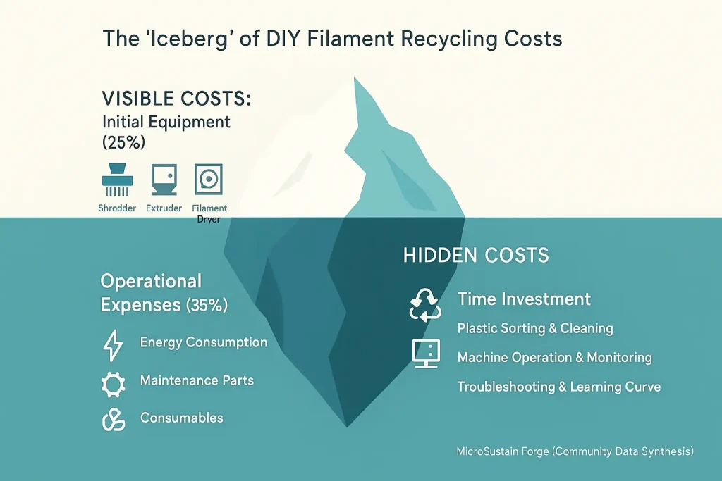 Iceberg graphic: small visible equipment costs at the tip, much larger hidden time and operational expenses submerged
