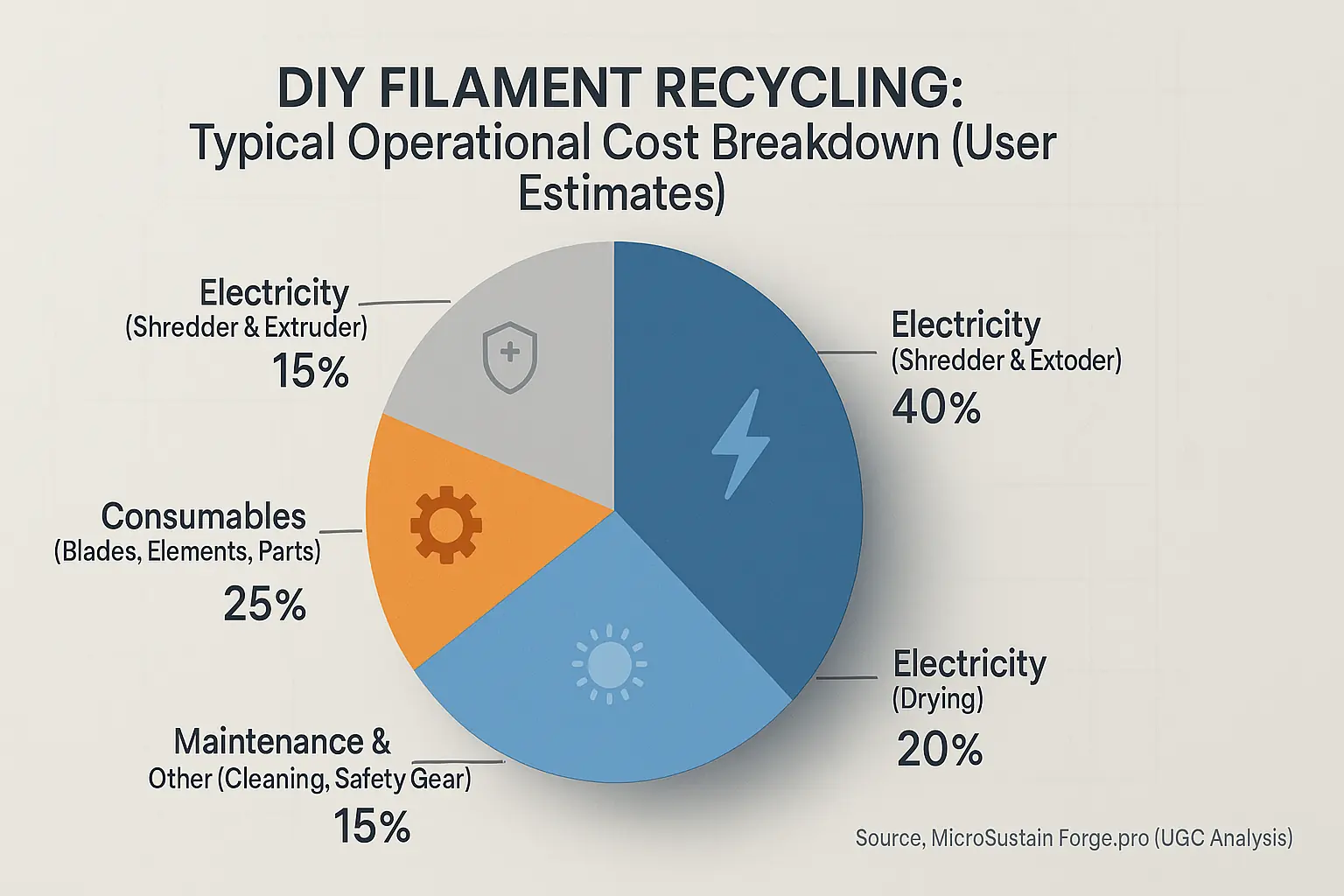Pie chart: User-estimated breakdown of DIY recycling operational costs (electricity, consumables, etc.), detailing budget