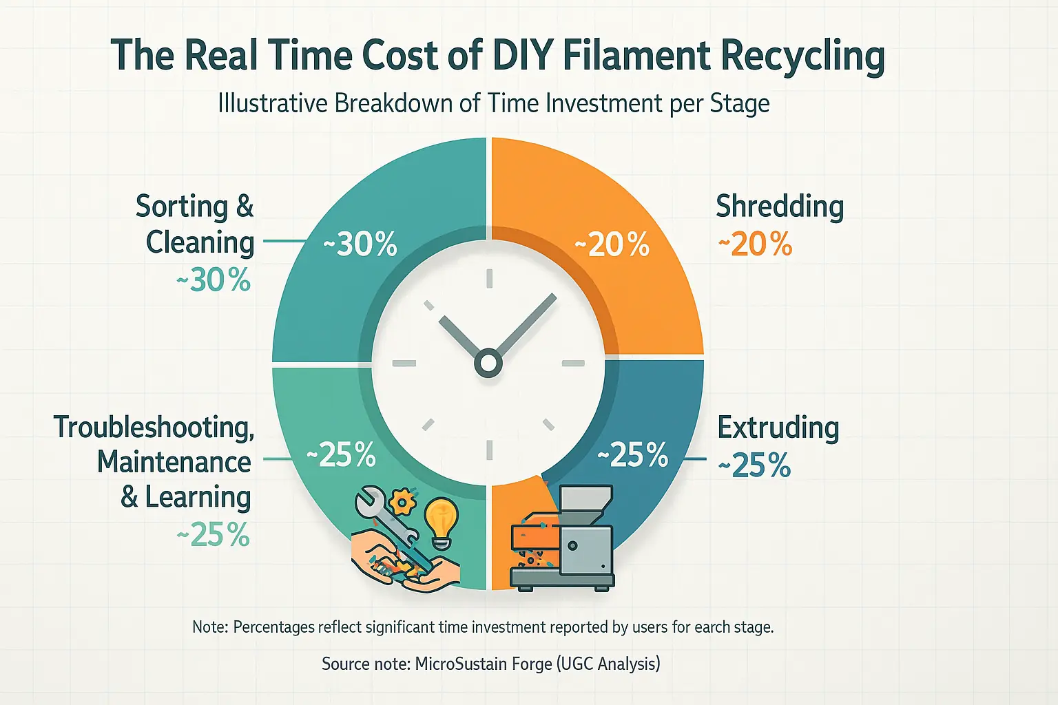 Infographic: User estimates of time for DIY filament recycling stages (sorting to troubleshooting), detailing the labor