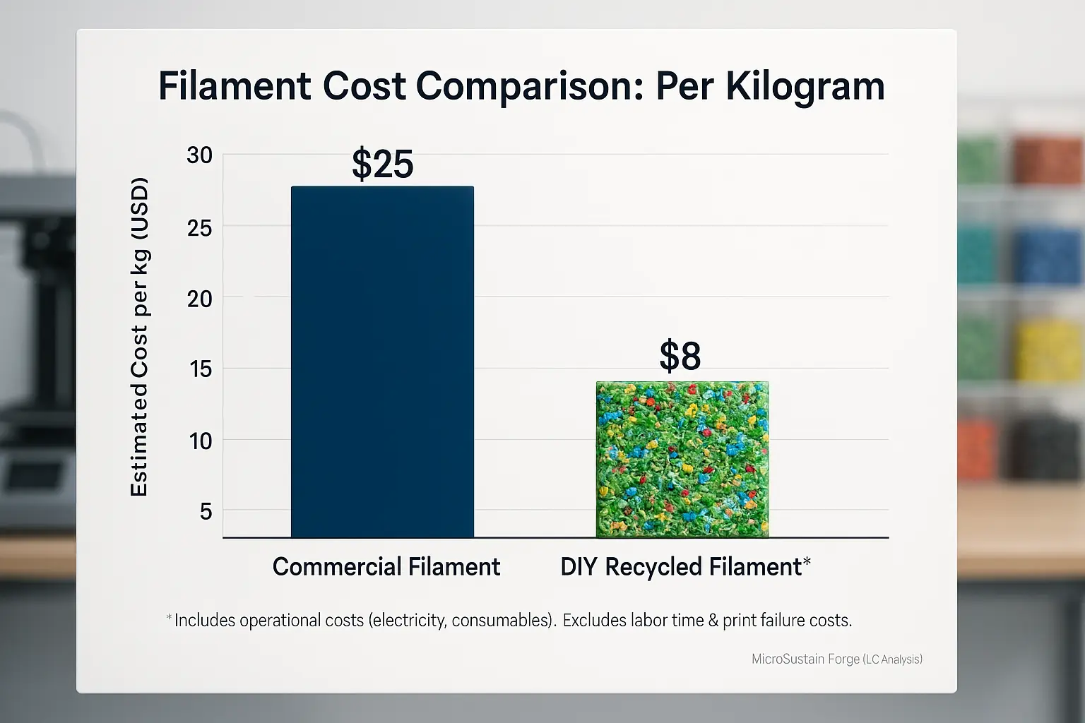 Bar chart: DIY recycled filament offers lower cost/kg than commercial, per user estimates (operational costs, time excluded).