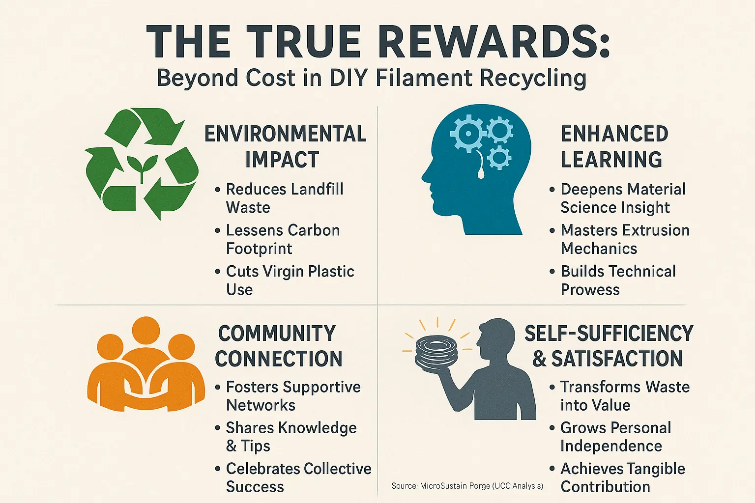 Infographic: Key non-monetary DIY filament recycling benefits—environmental, learning, community, self-sufficiency—with