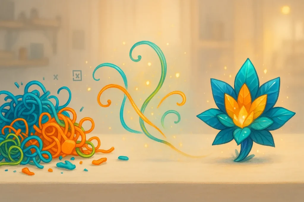 Colorful failed 3D print spaghetti & blobs on left, transforming into a beautiful, functional art piece on right.