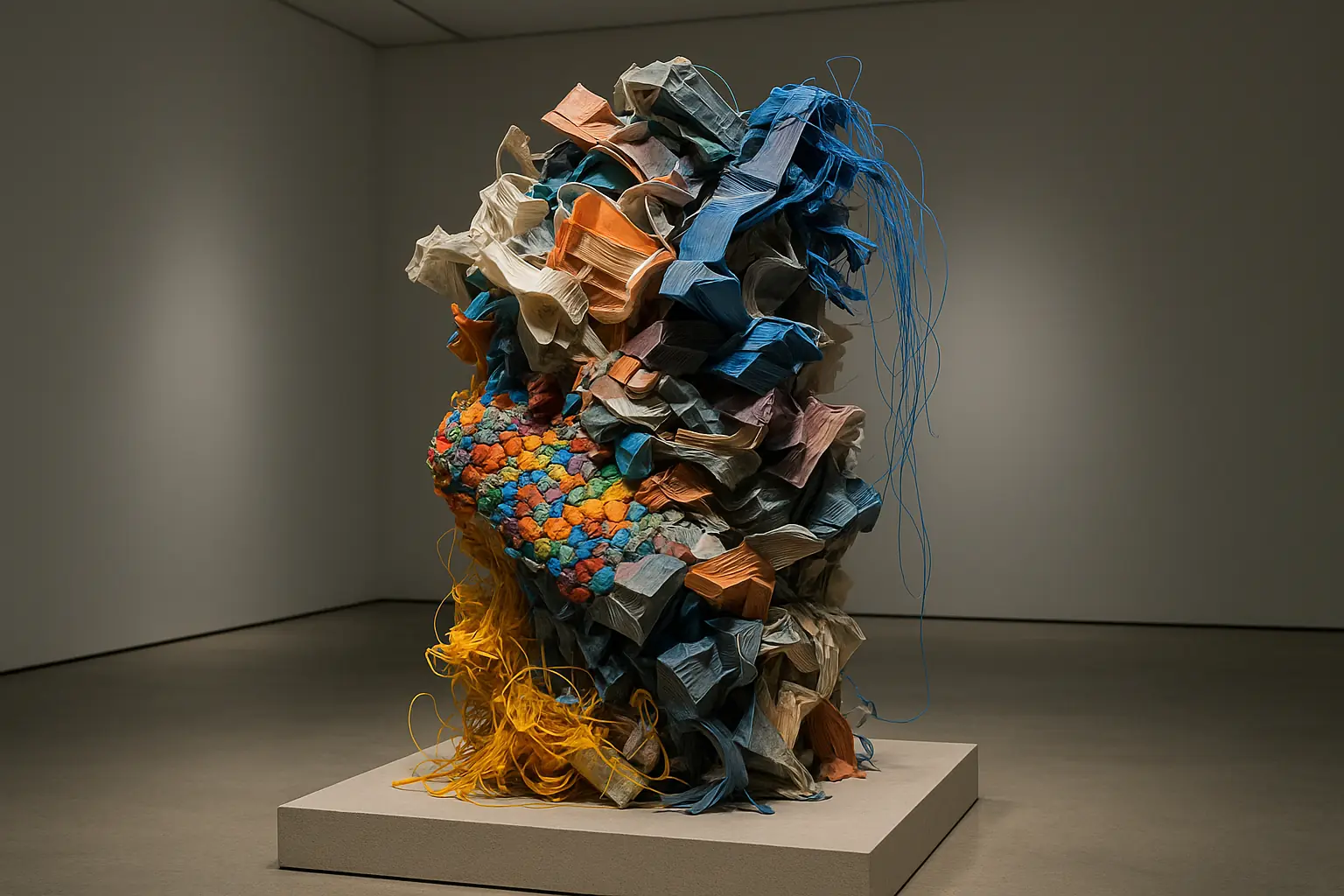 Failed 3D prints (spaghetti, blobs) artfully transformed into a colorful, textured abstract art piece, gallery lit.
