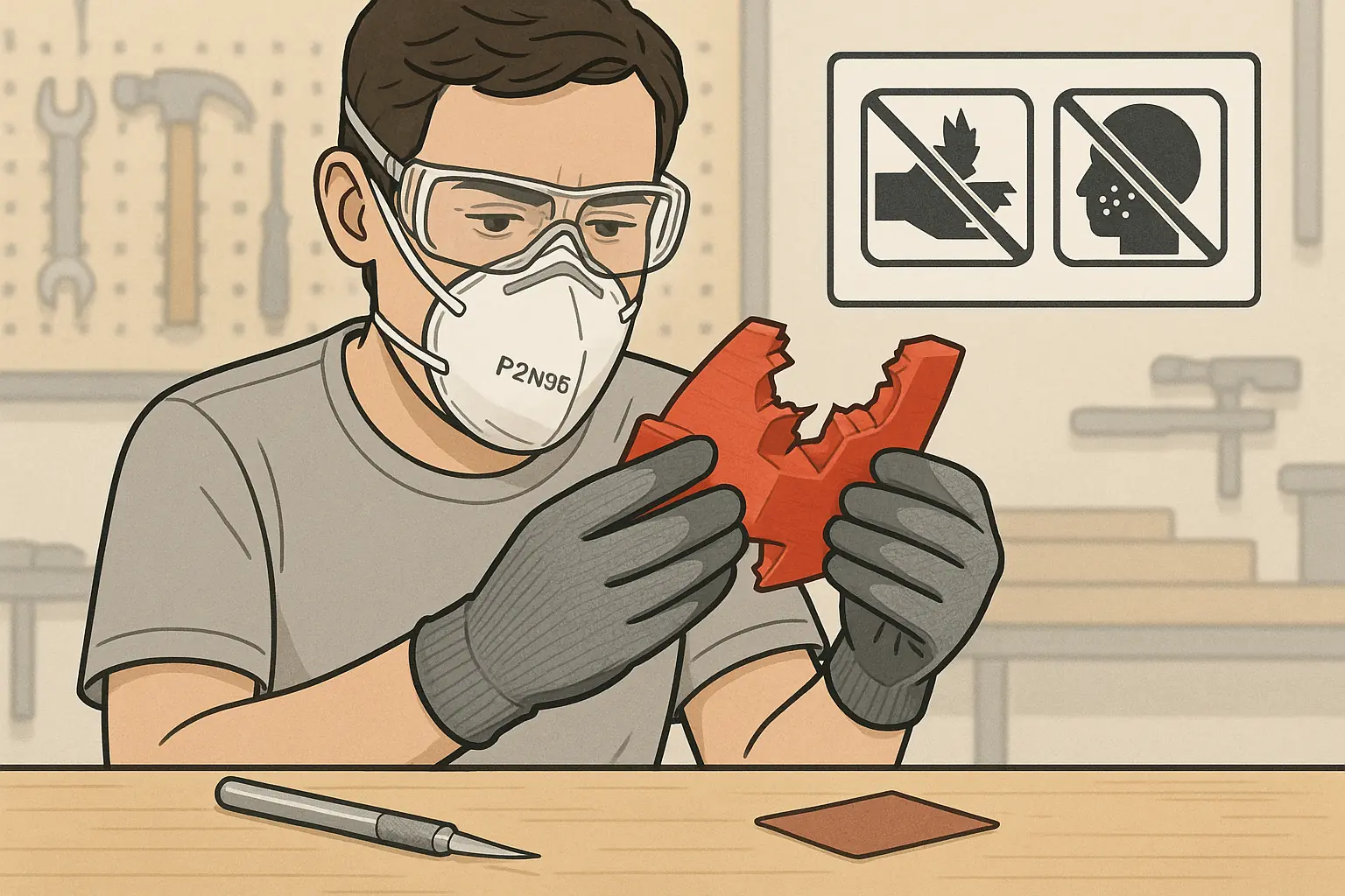 Maker in goggles and gloves inspects failed 3D print; background warning sign emphasizes safety.