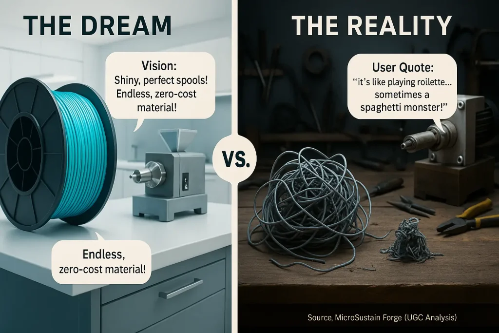 Comparison: Perfect filament spool (marketing dream text) vs. tangled spool (user frustration text) in DIY extrusion reality.