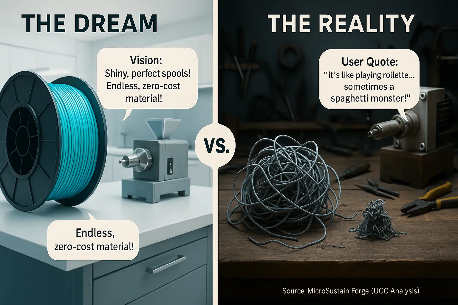Comparison: Perfect filament spool (marketing dream text) vs. tangled spool (user frustration text) in DIY extrusion reality.