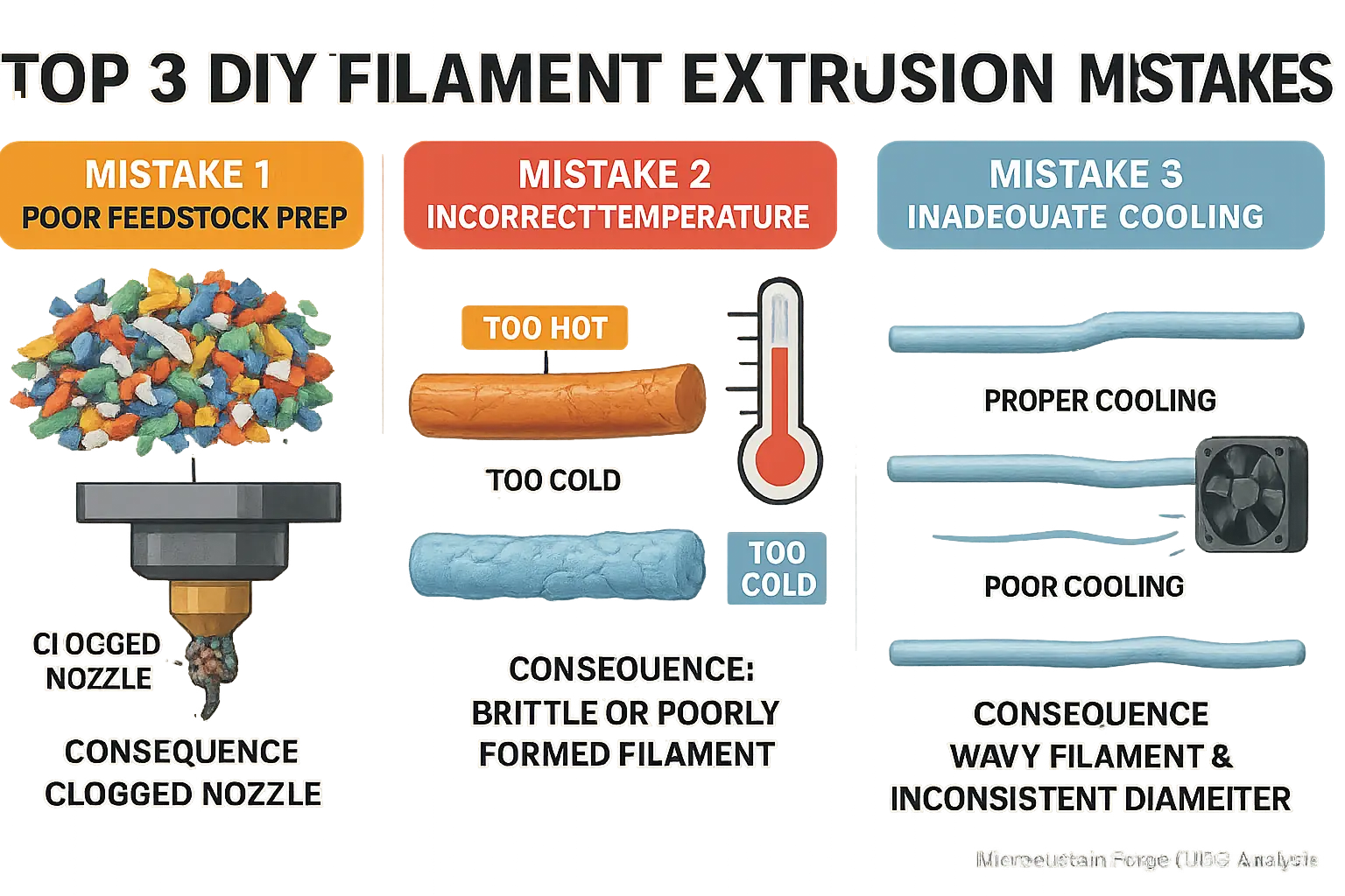 Infographic linking 3 DIY filament extrusion mistakes (prep, temp, cooling) to visual defects: clogs, brittle, wavy filament.