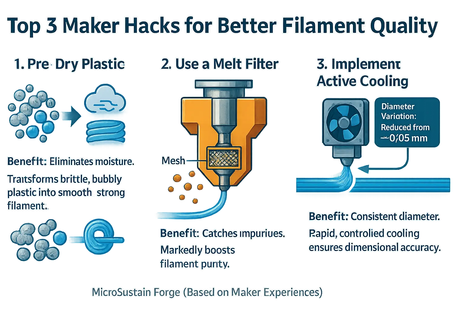 Infographic: Top 3 hacks (icons for pre-drying, filter, cooling) visually show improved filament quality.