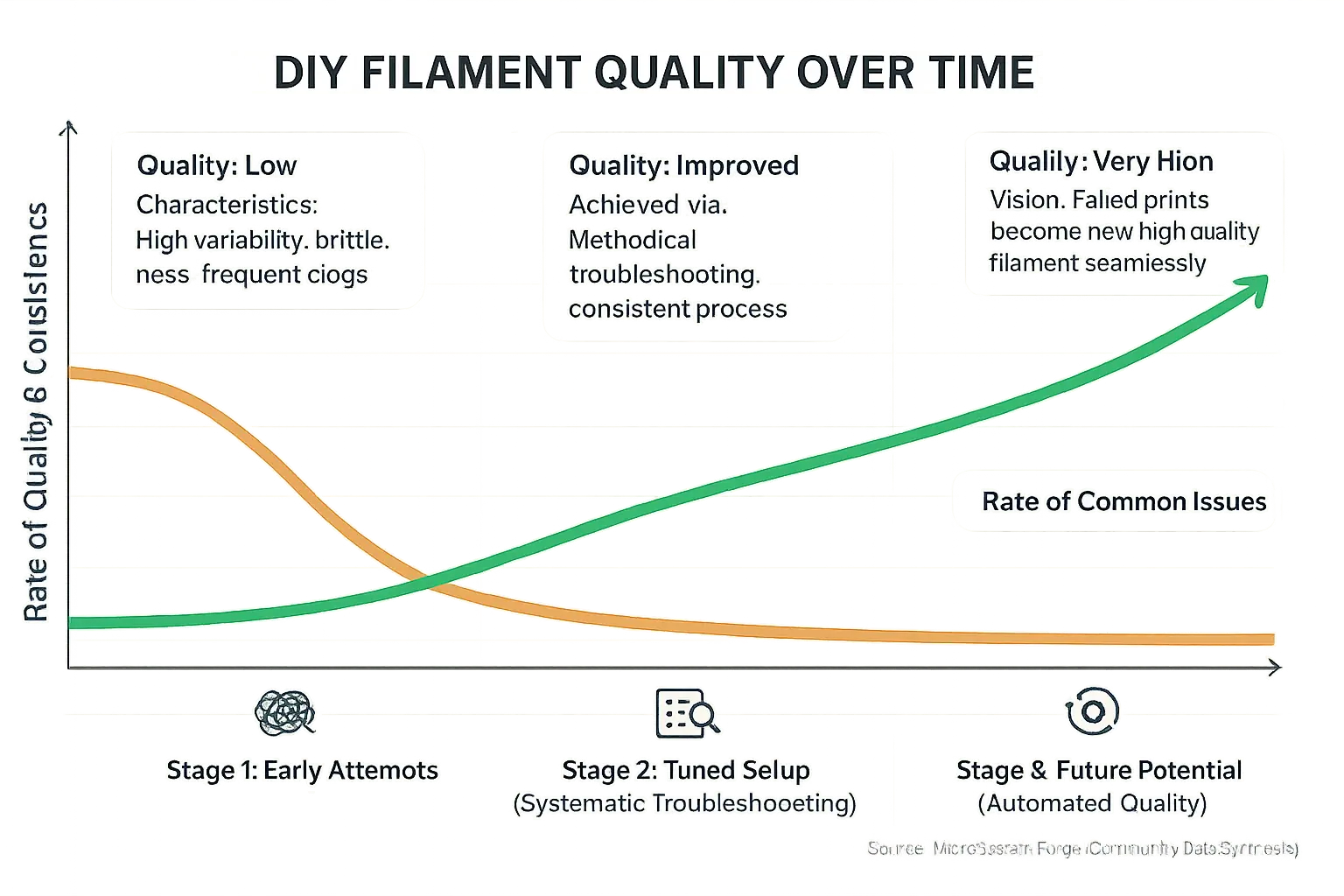 Line graph: DIY filament quality improves from 'Early Attempts' to 'Future Potential,' showing increasing consistency and
