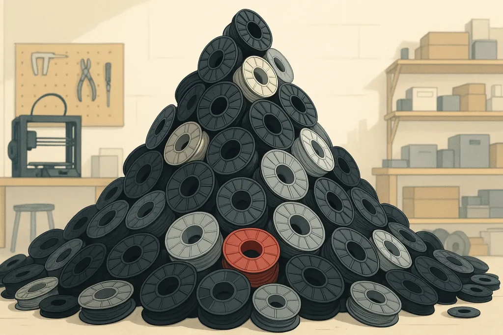 Stylized mountain of empty 3D printer spools in a workshop, illustrating the unseen waste dilemma for makers.