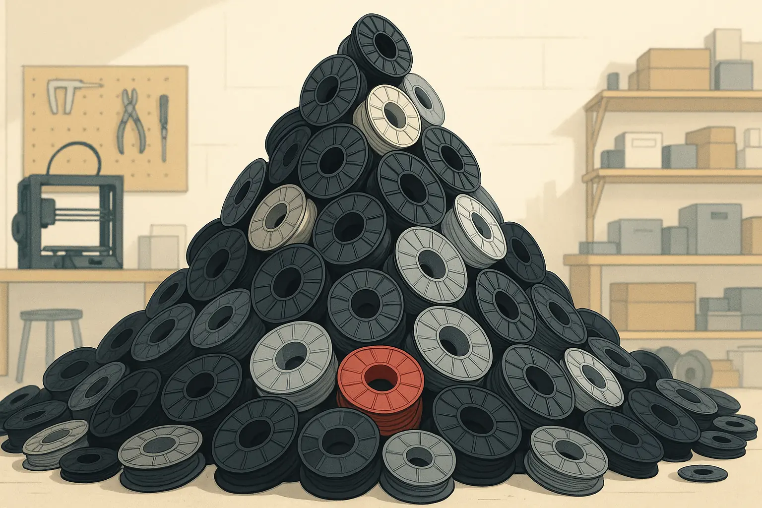 Stylized mountain of empty 3D printer spools in a workshop, illustrating the unseen waste dilemma for makers.