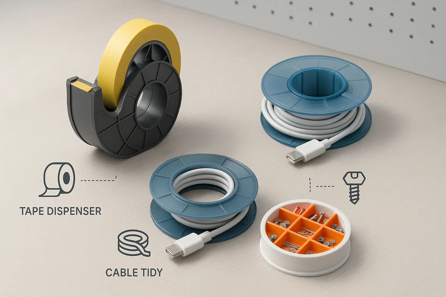 Infographic: Neatly organized workshop desk using upcycled spools as tape dispenser, small parts organizer, cable tidy.