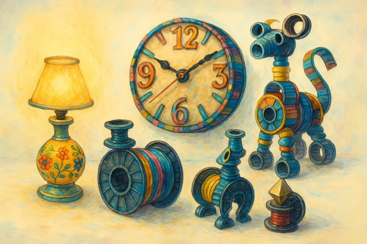 Whimsical illustration: artful lamp, clock, and sculptures creatively crafted from repurposed filament spools.