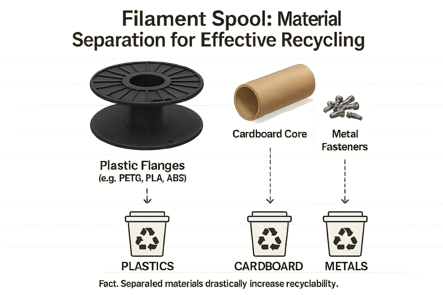 Separating filament spool components: plastic, cardboard, metal sorted into distinct recycling bins for proper material