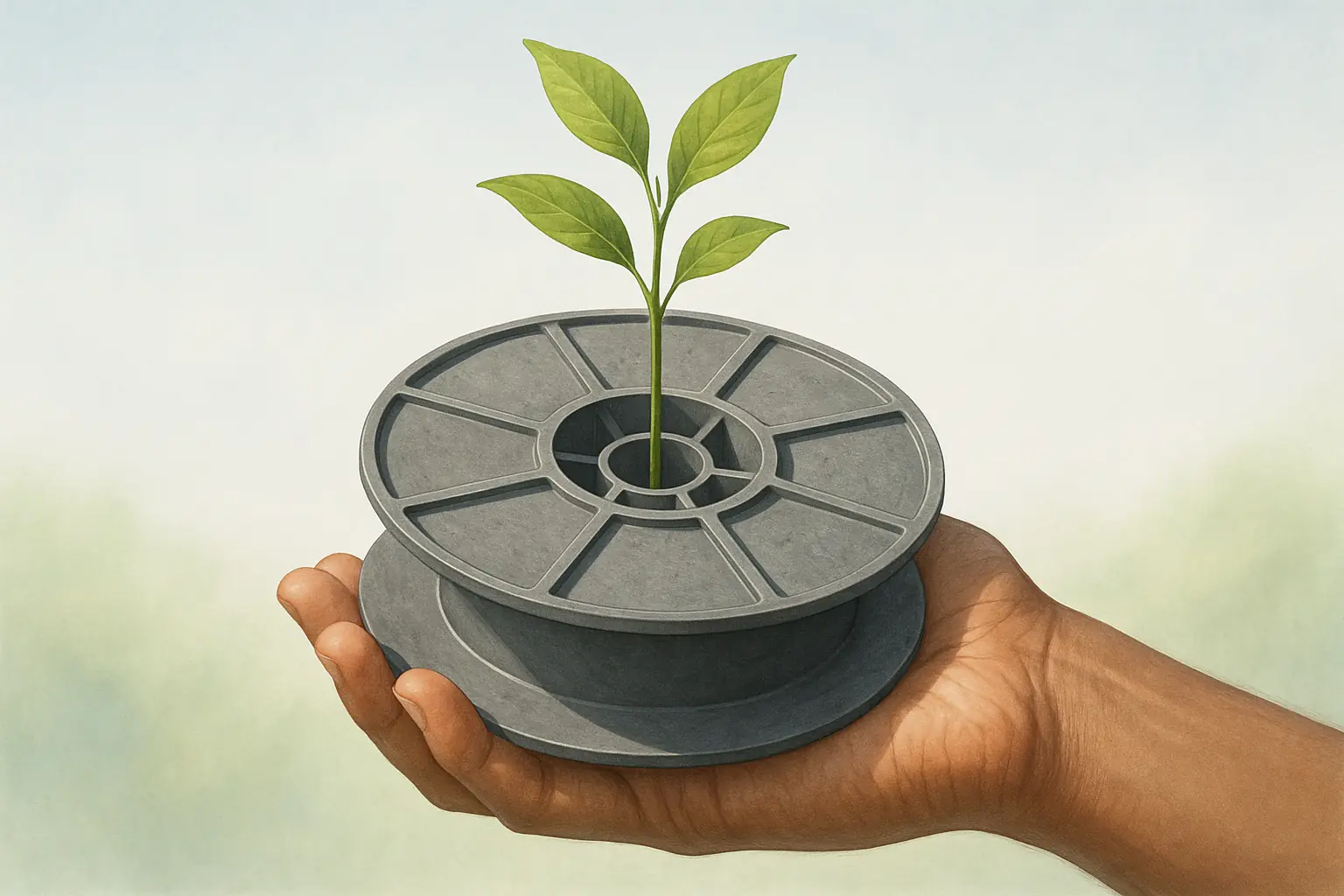 Hand holds empty filament spool sprouting new life, showing sustainable reuse beyond the bin to make spools count.