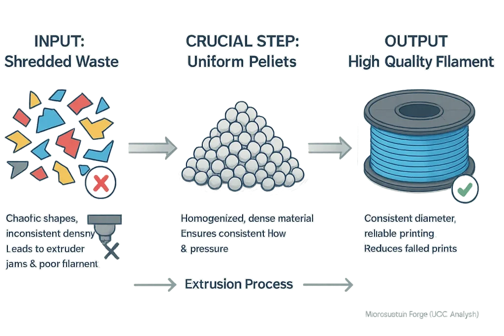 Infographic: Shredded waste -> Pellets -> Filament. Pelletizing: the vital step for consistent DIY filament.