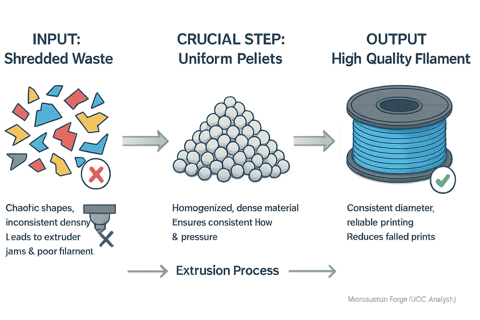 Infographic: Shredded waste -&gt; Pellets -&gt; Filament. Pelletizing: the vital step for consistent DIY filament.