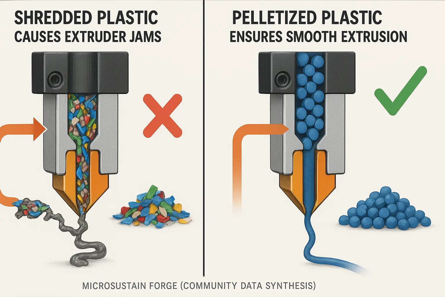 Infographic comparing extruder clogging from shredded plastic versus smooth extrusion from pelletized plastic, aiding