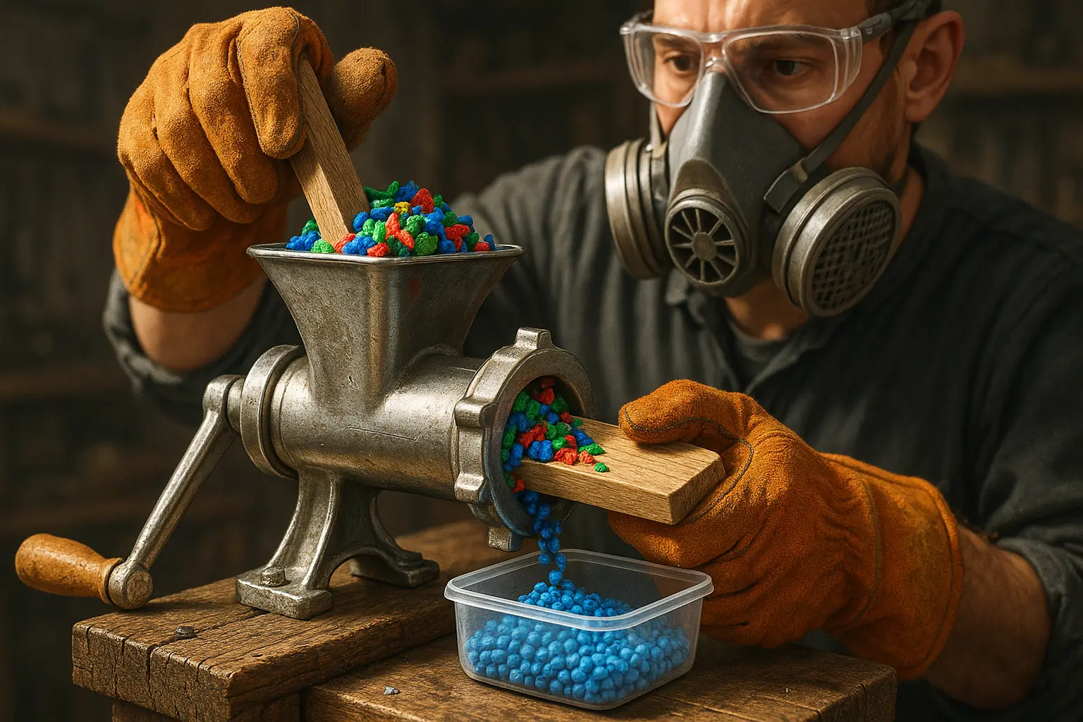 Conceptual illustration: simple DIY plastic pelletizer with modified grinder or manual method, emphasizing safety gloves.