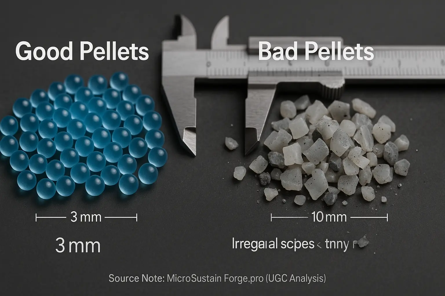 Uniform, clean good pellets vs. irregular, contaminated bad pellets: visual cues for flawless filament quality.